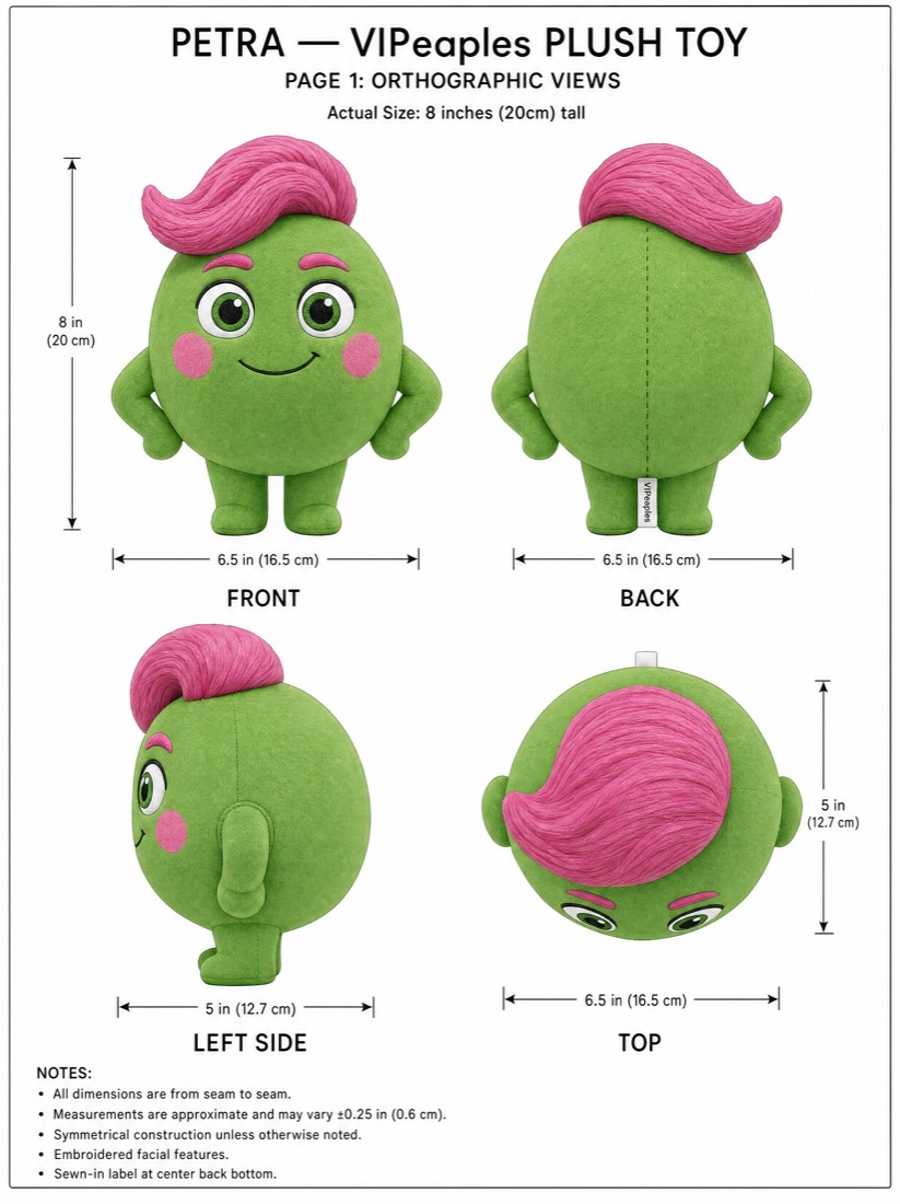 Petra plush toy specification sheet with dimensions